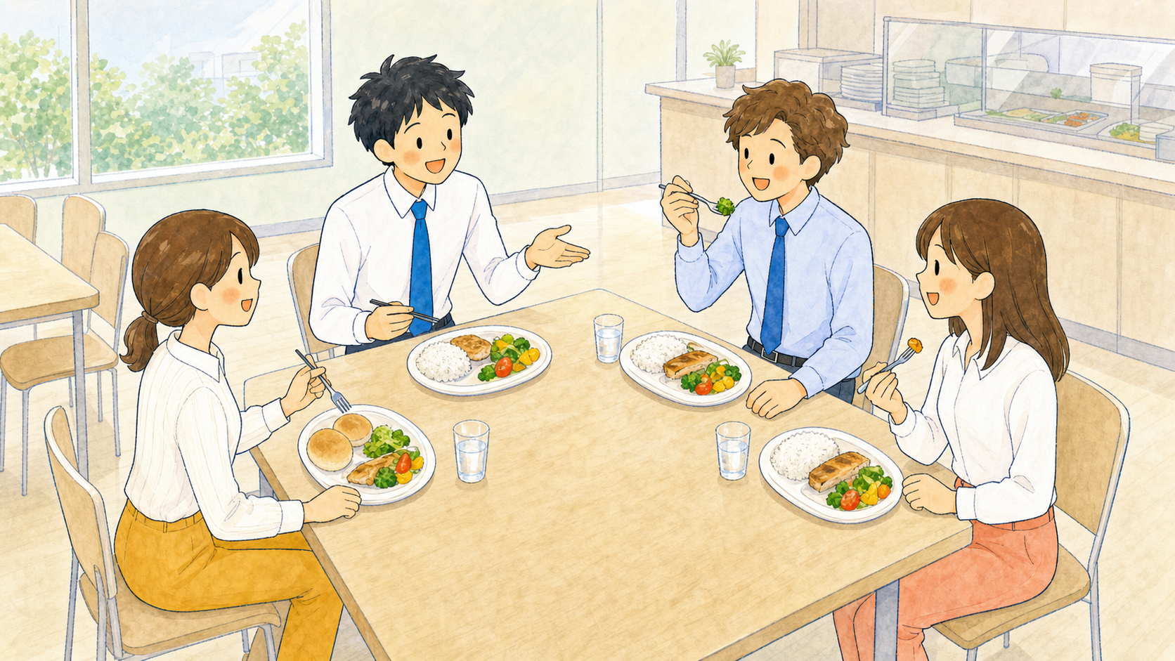 公園で社員4人が協力して仕事を進めるイラスト
