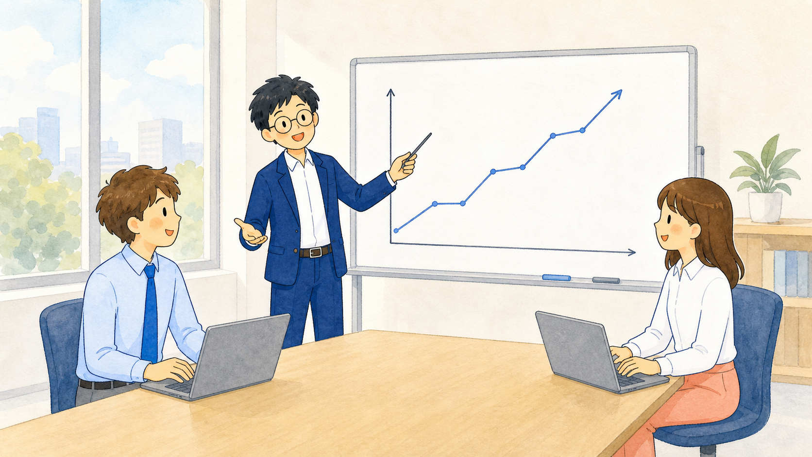 社員が成長を示すボードを見ながら話し合うイラスト