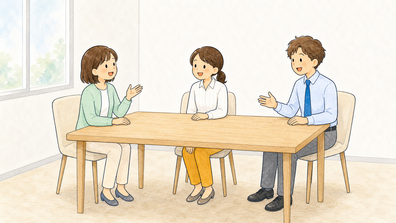 職場で社員が求職者を笑顔で迎えるイラスト