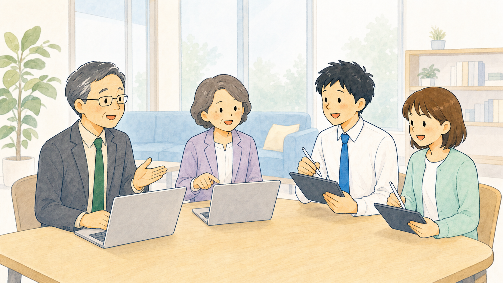 社員が安心して働き続ける職場で笑顔で話すイラスト