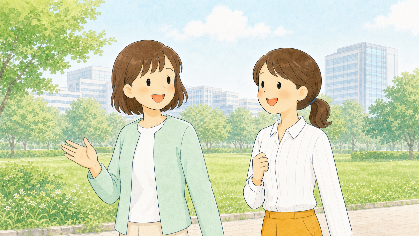 公園で社員2人が歩くイラスト