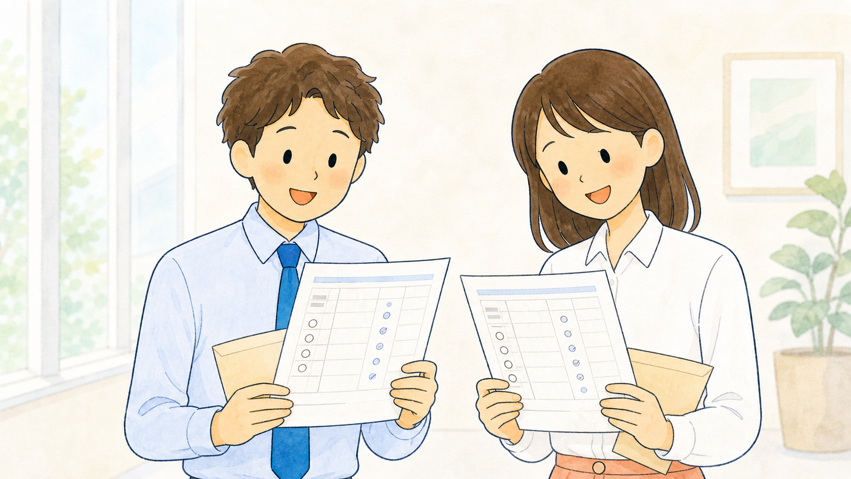 健康チェックリストを確認する社員のイラスト