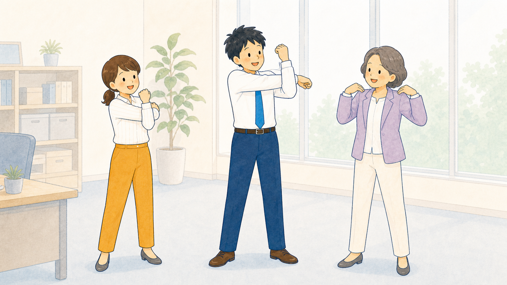 職場で社員3人がストレッチをするイラスト