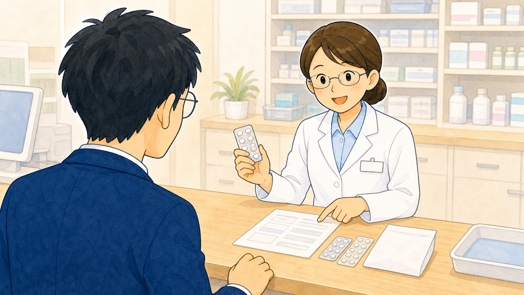 薬剤師に処方薬について相談する会社員のイラスト