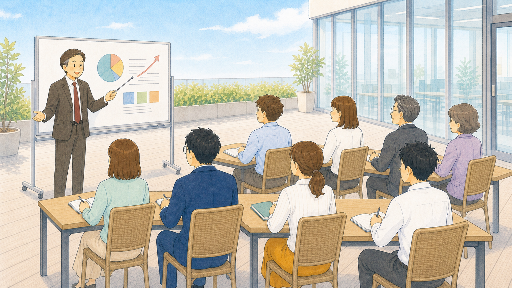 屋外テラスで健康経営について学ぶ社員と講師のイラスト